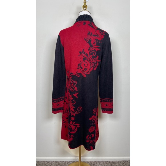 NorthStyle Alpaca Longline Cardigan S Red Black Floral Scroll Clasp Romantic - Picture 5 of 9